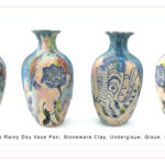 Six views of two ceramic vases with glossy pastel glazes, decorated with black underglaze illustrations of animals, flowers and abstract forms. Caption reads: Mao and Chris. Sunshine on a Rainy Day Vase Pair, Stoneware Clay, Underglaze, Glaze. 5 x 5 x 8 inches each. 2023.