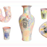 A collection of pastel-glazed ceramic works by Mao and Chris, including vases, cups, worm-shaped sculptures and a platter. Each piece features underglaze illustrations of animals, flowers, and abstract designs.