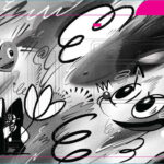 Rendering of a black and white bus wrap design with bold, cartoon-style illustrations including flowers, insects, playful characters, and abstract shapes. Hot pink highlights frame the bus windows and wheels. Logos for Calgary Arts Development and the City of Calgary appear near the back.