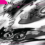 Rendering of a black and white bus wrap featuring energetic cartoon-style creatures, cats, wings, and swirling abstract lines. The design is accented with hot pink panels and outlines.