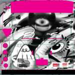 Rendering of the back of a bus with a black and white cartoon-style design featuring a large cyclops creature, flying birds, a mountain, and a small cabin labeled “Indioz Brandz.” Hot pink highlights frame the design. Logos for Calgary Arts Development and the City of Calgary appear at the bottom.