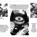 Black and white illustrated panel featuring various creatures from Philippine mythology, including Minokawa, Bungisngis, Duwende, Tarsier, Askal, Sarimanok, and Bakunawa. Each character is accompanied by a short description of its cultural meaning and origin.