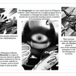 Black and white illustrated panel featuring various creatures from Philippine mythology, including Minokawa, Bungisngis, Duwende, Tarsier, Askal, Sarimanok, and Bakunawa. Each character is accompanied by a short description of its cultural meaning and origin.
