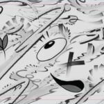 Black and white illustration filled with swirling shapes, doodles, cartoon hearts, leaves, and expressive eyes. The phrase “STAY CURIOUS” appears in bold, playful lettering near the centre.