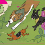 A colourful bus wrap rendering by Presley Mills showing rescue dogs running through grassy hills with embroidered flowers and a rainbow in the background.