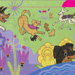 Rendering of a painting of rescue dogs play and relax in a bright landscape filled with flowers, patterns, and a stream, illustrated by Presley Mills.