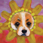 Painting of bright yellow sunflowers on a pink and purple background, with one central sunflower featuring a dog's face in the middle.
