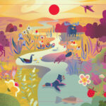 Colourful illustrated landscape showing a nature scene with animals, flowers and a winding river under a red sun. The artwork includes frogs, birds, foxes, deer, moose and other wildlife, with plants in the foreground and hills in the distance.