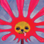 A whimsical painting of a bright pink flower with long petals, floating on a blue-purple background. At the centre of the flower is the face of a small dog, tongue sticking out, painted in a golden-yellow tone. Ripples surround the flower, suggesting it is floating on water.