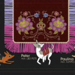 An illustrated tribute titled "Our Rescue Dogs" featuring five dogs, each with a name and nickname: Rafa (aka Rafael Ledoux), Ricardito (aka Ricky Bobby), Peter (aka LBD Pete), Paulina (aka Auntie Lina), and Natalia (aka Natulico). The dogs are shown in playful poses, wearing small decorative blankets on their backs. The background is dark with vibrant floral embroidery-style designs and a large woven tapestry at the centre that reads “Adopt Don’t Shop.”