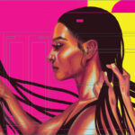 Four women stand in a line, each braiding the hair of the one in front of her. The figures are painted in warm tones against a vibrant background of blue, green, pink and yellow. Artwork by @sydtheartiste.