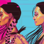 Four women stand in a line, each braiding the hair of the one in front of her. The figures are painted in warm tones against a vibrant background of blue, green, pink and yellow. Artwork by @sydtheartiste.