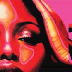A portrait of a woman with glowing orange and pink skin tones, her hands resting on the sides of her head against a vivid pink background. The text “UNDONE 4.0” is placed in white on the left. A smaller image within the artwork shows the full upper body of the woman in the same pose with abstract black shapes in the background.
