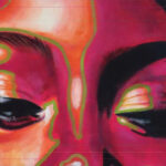 A close-up of a woman’s eyes and upper face, painted in vivid magenta and orange with neon green contour lines, set against a green background. On the right, a full portrait of the same woman shows her smiling with stylized green shapes surrounding her hair. The text “UNDONE 2.0” is placed in bold white type on the left.