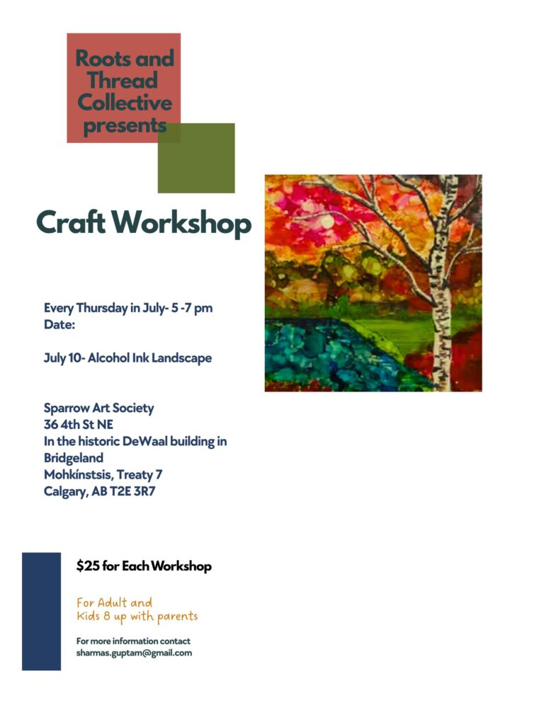 Craft workshop poster for Alcohol ink landscapes with Roots and Thread Collective