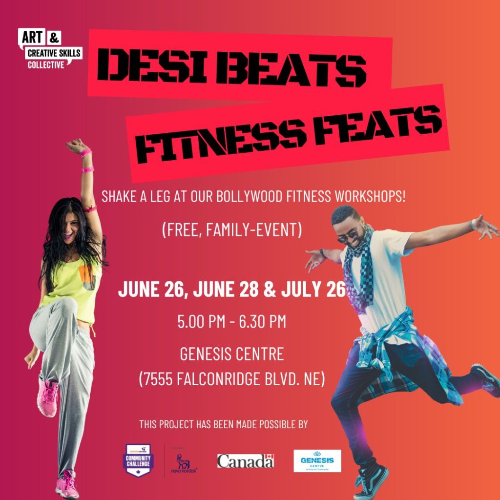 Poster for Art & Creative Skills Collective for Desi Beats Fitness Feats | Free family event | 7555 Falconridge Blvd. NE | Logos of sponsors included