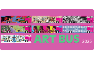 A graphic showing eight side-view renderings of Calgary’s 2025 Art Buses, each featuring a unique artist-designed wrap. The designs include bold colours, abstract patterns, figures and landscapes imagery. Displayed in two rows against a magenta background, with the words “ART BUS 2025” in large green and white text at the bottom right.
