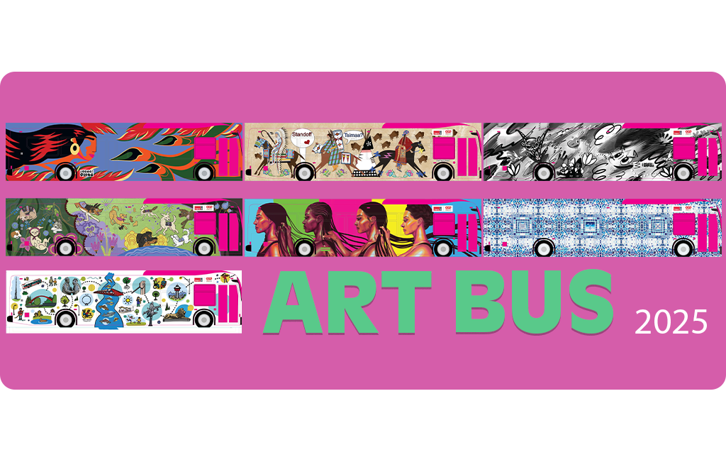 A graphic showing eight side-view renderings of Calgary’s 2025 Art Buses, each featuring a unique artist-designed wrap. The designs include bold colours, abstract patterns, figures and landscapes imagery. Displayed in two rows against a magenta background, with the words “ART BUS 2025” in large green and white text at the bottom right.