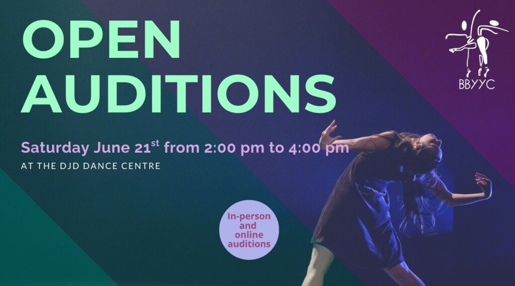 A poster to promote Ballet Bodies YYC's open auditions opportunity.
