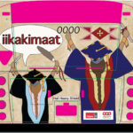 Rendered bus wrap by Hali Heavy Shield features two graduates in traditional regalia with braids and raised arms holding feathers and diplomas. A speech bubble reads “iikakimaat”. The background is a soft earth tone, with City of Calgary and Calgary Arts Development logos at the bottom.