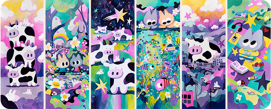 A series of six colourful, cartoon-style panels by artist Michelle Ku, featuring stacked cows, wide-eyed animal characters, dreamy landscapes, and floating stars. Each panel is filled with whimsical elements like rainbows, books, flowers, cityscapes, and underwater scenes in vibrant pastel hues.