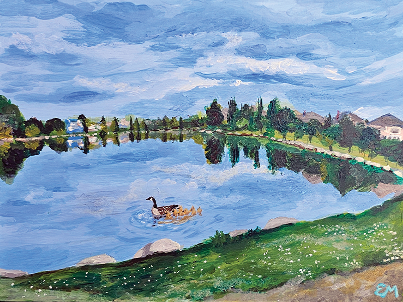 A painting of a pond scene around a community with trees and foliage, on the pond is a Canada Goose with goslings nearby.