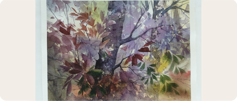 A delicate watercolor painting of autumn foliage. The composition features overlapping branches with leaves in shades of green, yellow, red and purple. The background is softly blurred, suggesting depth and sunlight filtering through a forest.