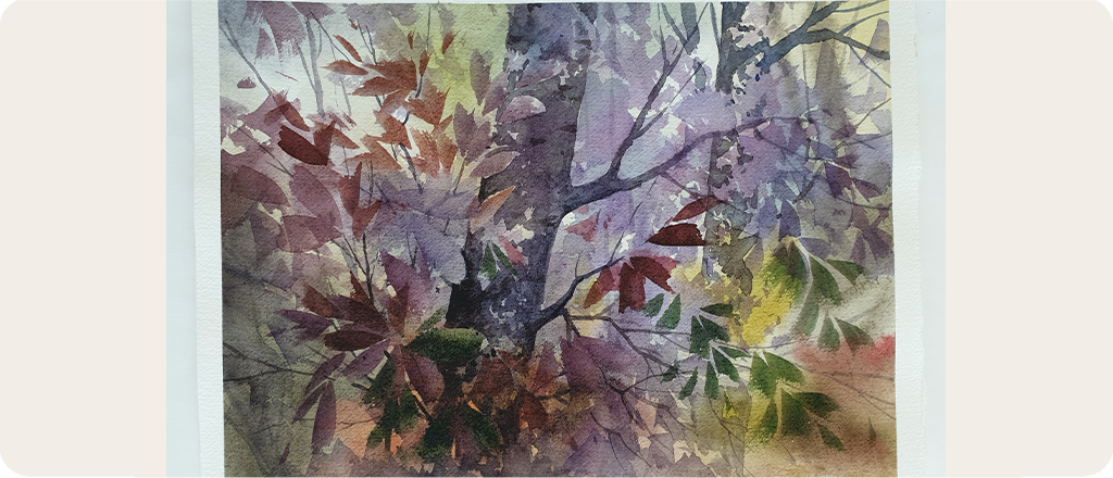 A delicate watercolor painting of autumn foliage. The composition features overlapping branches with leaves in shades of green, yellow, red and purple. The background is softly blurred, suggesting depth and sunlight filtering through a forest.