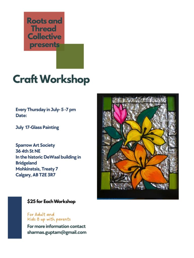 Poster for the Roots and Thread Collective craft workshop for Glass Painting.