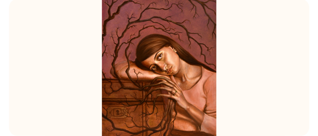 A surreal portrait of a woman with long brown hair resting her head and hand on a wooden chest. Dark branches emerge from her fingers and wrap around her head, blending into the background.