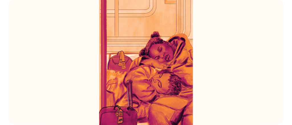 A digital illustration in warm red and orange tones shows two people sleeping on each other’s shoulders inside a train. One has curly hair in two buns, the other has short hair. They are wrapped in blankets with suitcases beside them, one tagged "YYC" and the other "MIA."