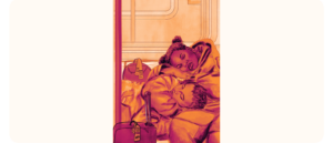A digital illustration in warm red and orange tones shows two people sleeping on each other’s shoulders inside a train. One has curly hair in two buns, the other has short hair. They are wrapped in blankets with suitcases beside them, one tagged "YYC" and the other "MIA."