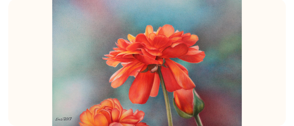 A highly detailed coloured pencil drawing of vibrant red-orange flowers with soft, layered petals. The flowers stand out against a smooth, multicoloured background with tones of blue, green and pink. Signed "Ensi 2017" in the corner.