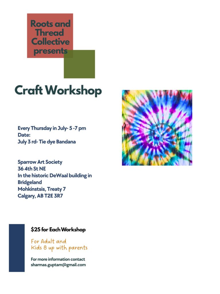 A poster for Tie dye bandana craft workshop at Sparrow Art Society by Roots and Thread Collective