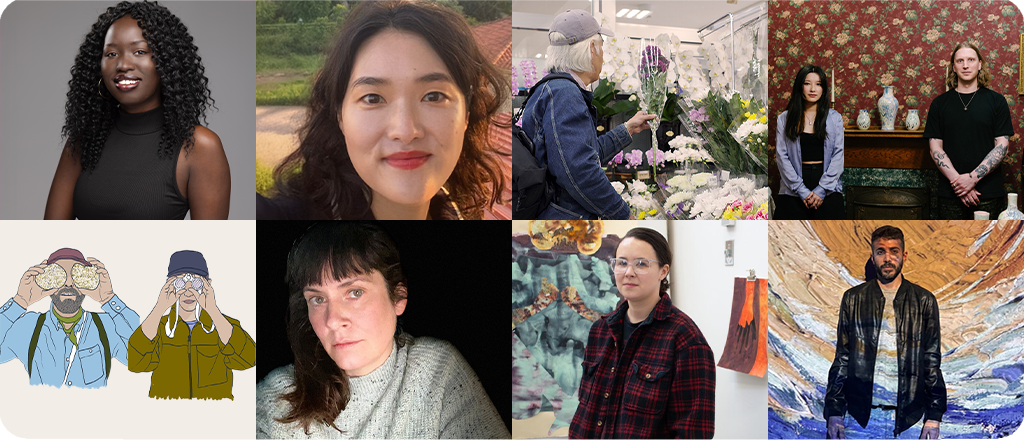 A montage of the artists, from clockwise top left: Apiow Akwai, Bomi Yook, Justin Seiji Waddell, Mao and Chris, Mia + Eric, Kelly Anders, Morgan Possberg and Saeid Asgarian