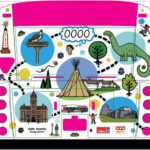Rendered illustration by Sam Hester on the back of a Calgary bus shows local landmarks like the Telstar sign, Historic City Hall, Dinny the Dinosaur, and the Confluence tipi, connected by a dotted route. Logos for Calgary Arts Development and the City of Calgary appear at the bottom.