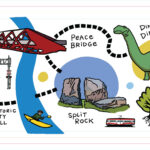 A colourful illustrated map titled “What’s on your route?” features Calgary landmarks connected by a dotted path. It includes drawings of the Broadcast Tower, Historic City Hall, Peace Bridge, Split Rock, Dinny the Dinosaur and the Alberta Children’s Hospital. A red transit bus and train are shown traveling the route, with playful elements like trees, a kayaker, and abstract circles in the background.