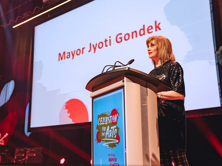 Mayor Jyoti Gondek onstage at the 2025 Celebration for the Arts.