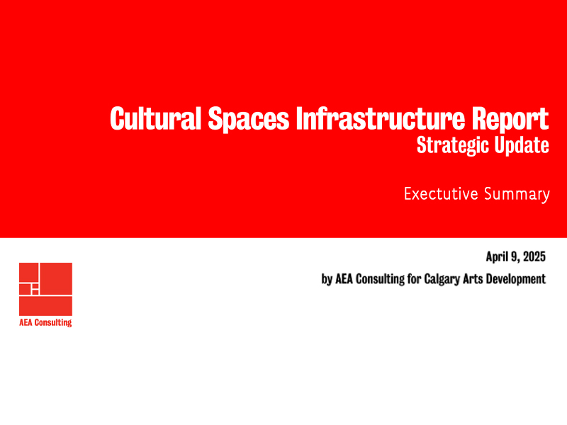 Report cover: Cultural Spaces Infrastructure Report, Strategic Update, Executive Summary | April 9, 2025, by AEA Consulting for Calgary Arts Development