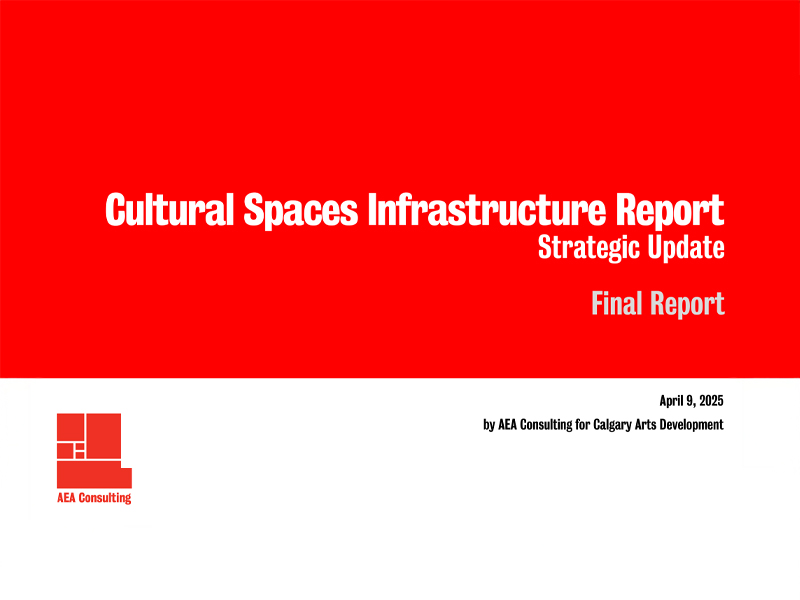 Report cover for Cultural Spaces Infrastructure Report, Strategic Update, Final Report, April 9, 2025, by AEA Consulting for Calgary Arts Development, includes the AEA Consulting logo