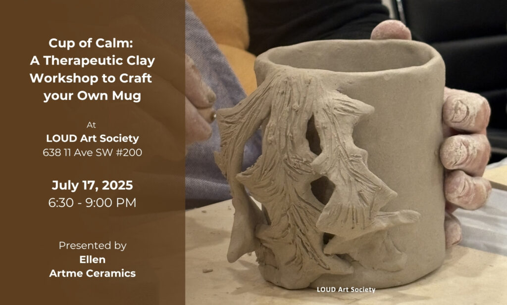 A graphic with an image of a clay mug being made with information about the Cup of Calm: A Therapeutic Clay workshop to craft your own mug