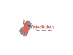 Logo in white with red text reading Madhuban Performing Arts and a small red illustration of a woman dancing beside the text