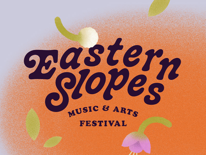 Black text reading Eastern Slopes Music & Arts Festival against an orange background with illustrated flowers