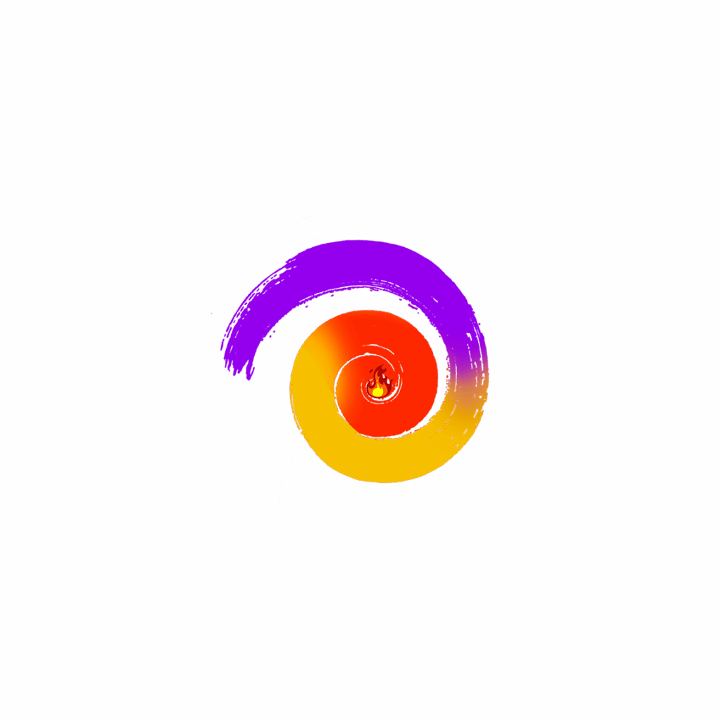 A swirl of purple, yellow and red with a small flame in the centre