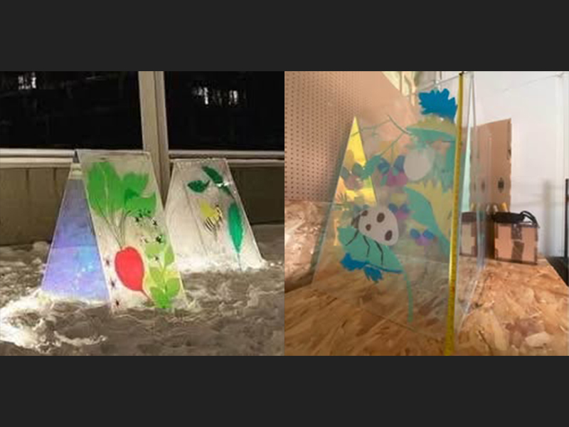 Two photos of acrylic pyramids that are for sale at Bridgeland-Riverside Community Association