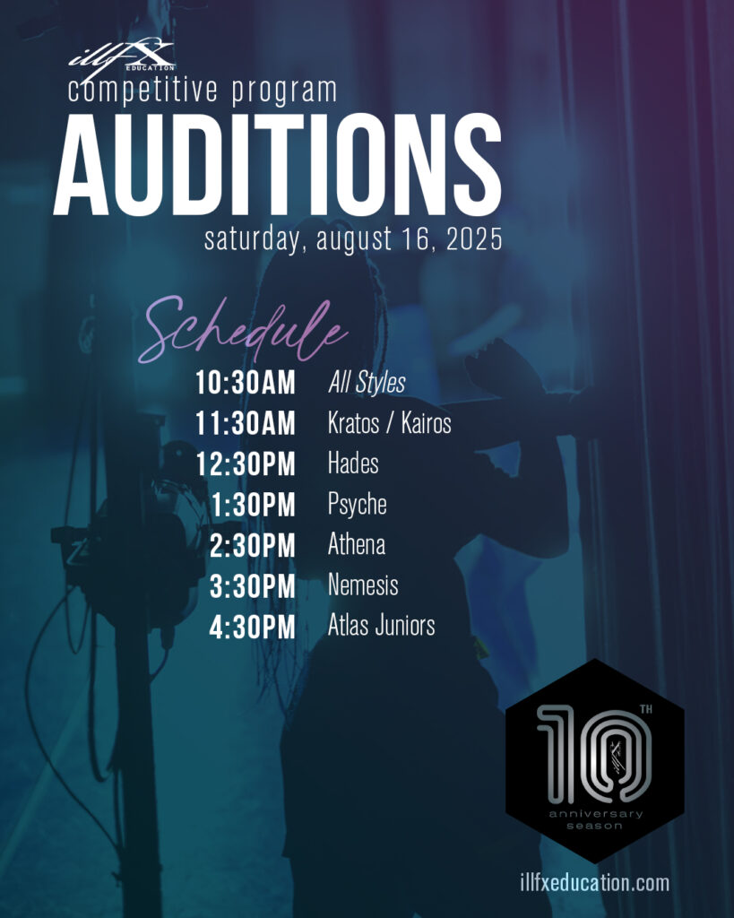illfx Education poster:

Schedule: 
10:30am All styles
11:30am Kratos/Kairos
12:30pm Hades
1:30pm Psyche
2:30pm Athena
3:30pm Nemesis
4:30pm Atlas Juniors

10th Anniversary Season