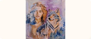 A painting of a woman with blonde hair and bright eyes beside a wolf. Her figure blends into tall blue trees and a soft purple sky.