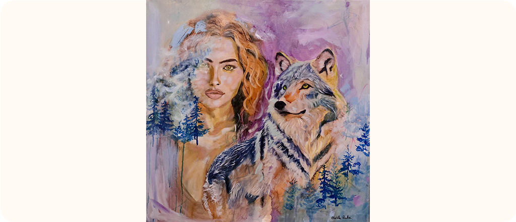 A painting of a woman with blonde hair and bright eyes beside a wolf. Her figure blends into tall blue trees and a soft purple sky.
