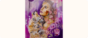 A painting of a woman with long hair and blue eyes looking upward. She is surrounded by pink roses and a large wild cat looks up at her. The background is a mix of purples and pinks.
