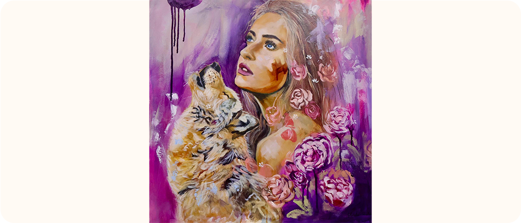 A painting of a woman with long hair and blue eyes looking upward. She is surrounded by pink roses and a large wild cat looks up at her. The background is a mix of purples and pinks.